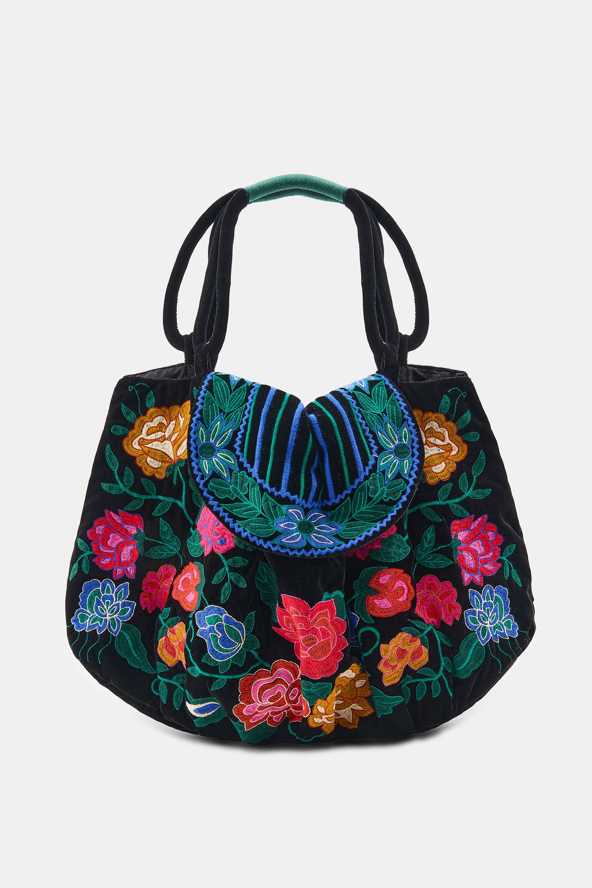 VELVET MAXI BAG WITH FLORAL EMBROIDERY